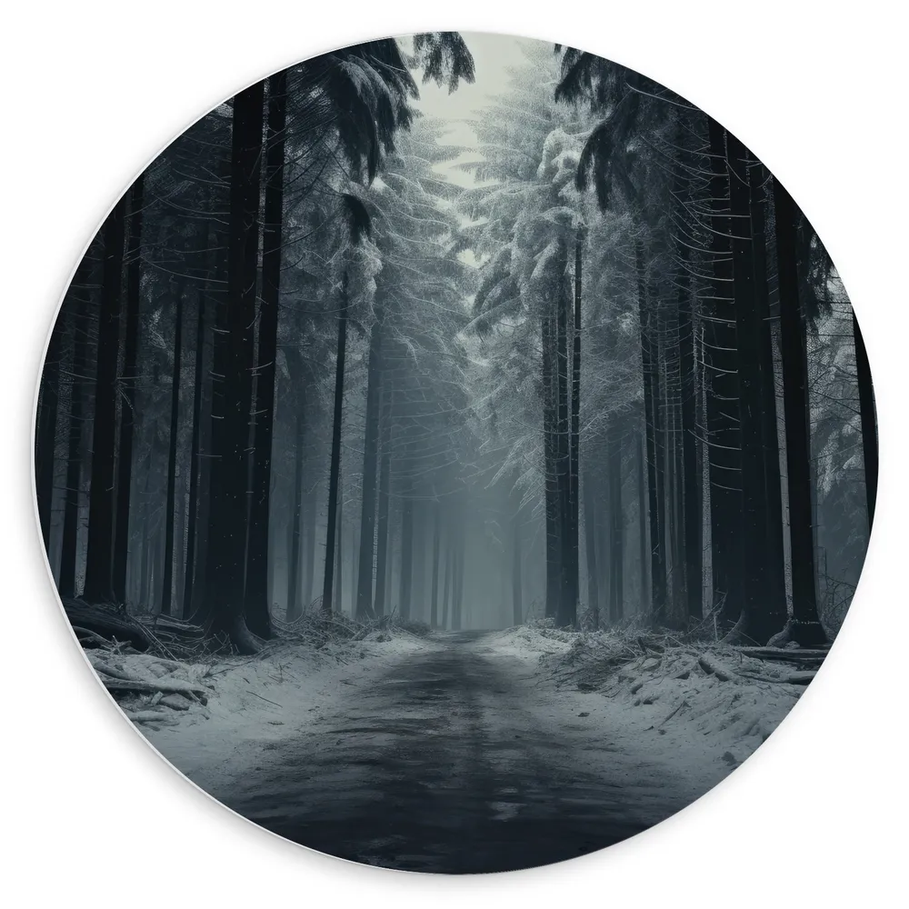 Dibond Muurcirkel - Sneeuw - Bos - Bomen - Boomstammen - Bruin - Wit