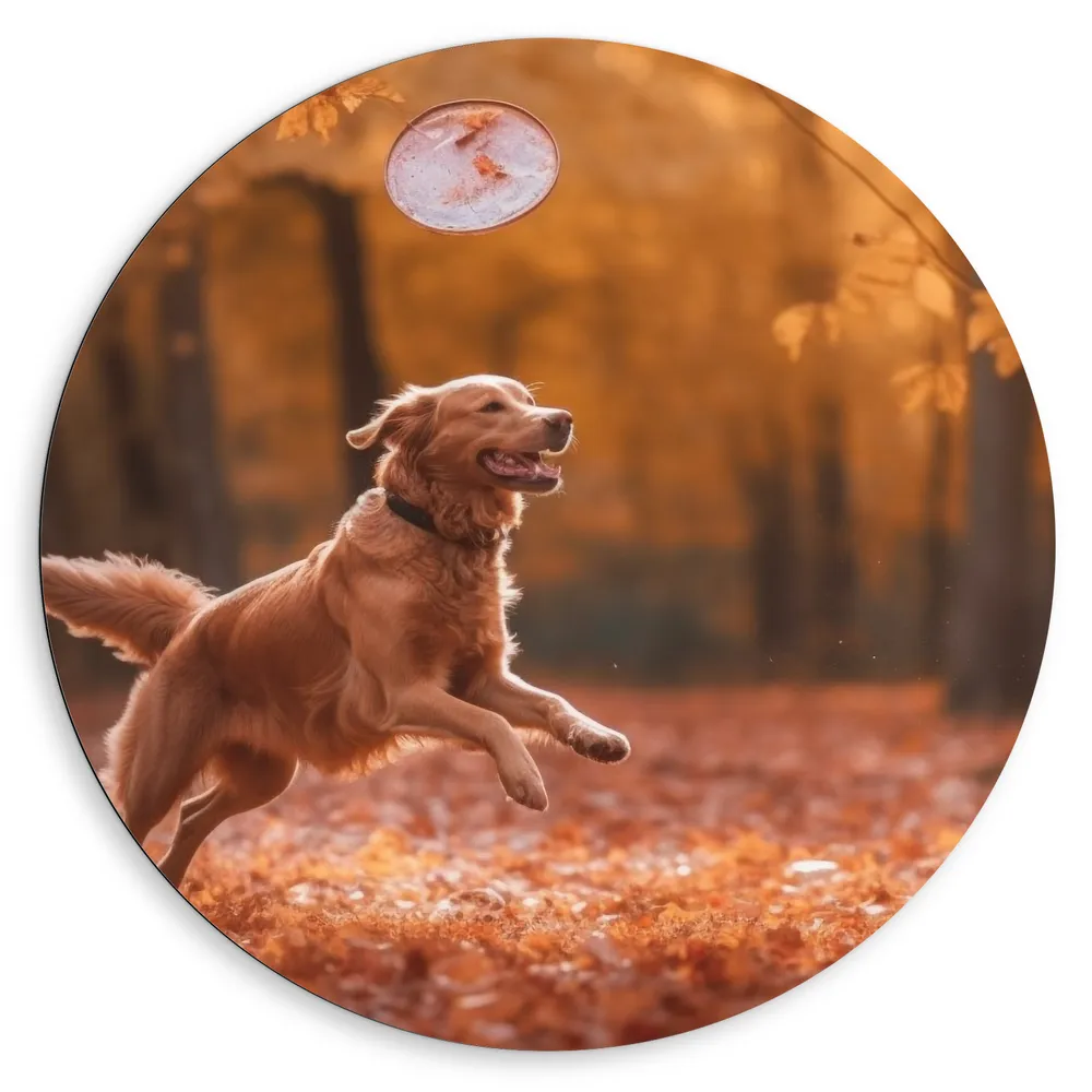 Dibond Muurcirkel - Hond - Dier - Spelen  - Bos - Bladeren - Herfst