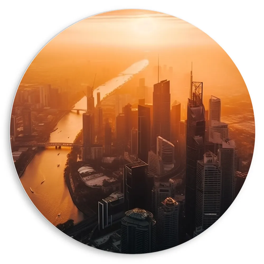 Dibond Muurcirkel - Stad - Bovenaanzicht - Water - Boten - Gebouwen - Zonsondergang