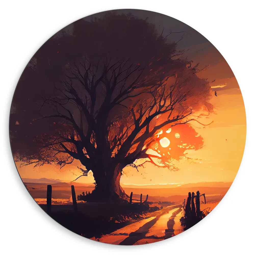 Dibond Muurcirkel - Boom - Landschap - Zonsondergang