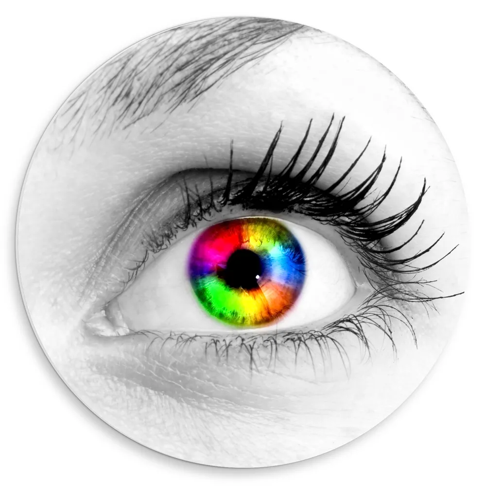 Dibond Muurcirkel - Kleurrijk Oog in Regenboogkleuren in Zwart- wit gezicht
