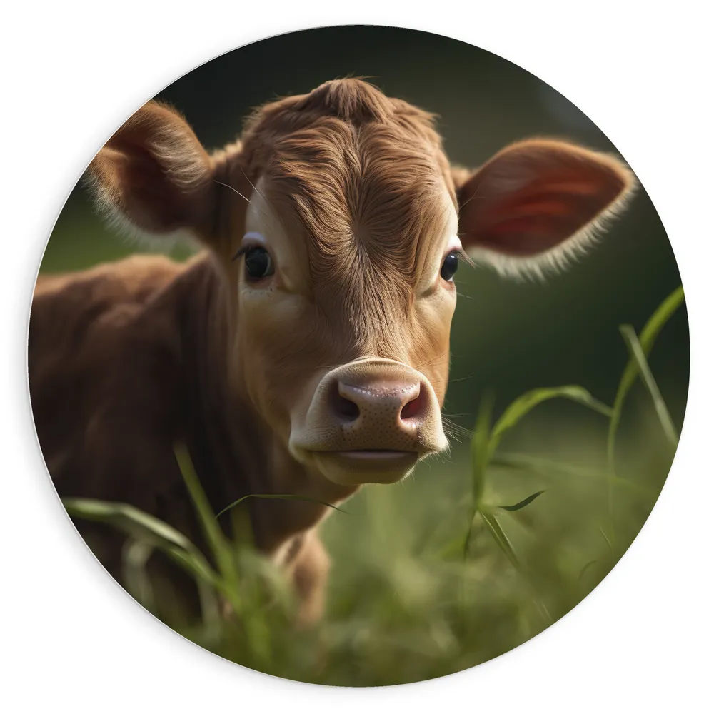 Dibond Muurcirkel - Nieuwsgierig Bruinkleurige Kalfje Liggend in het Grasveld