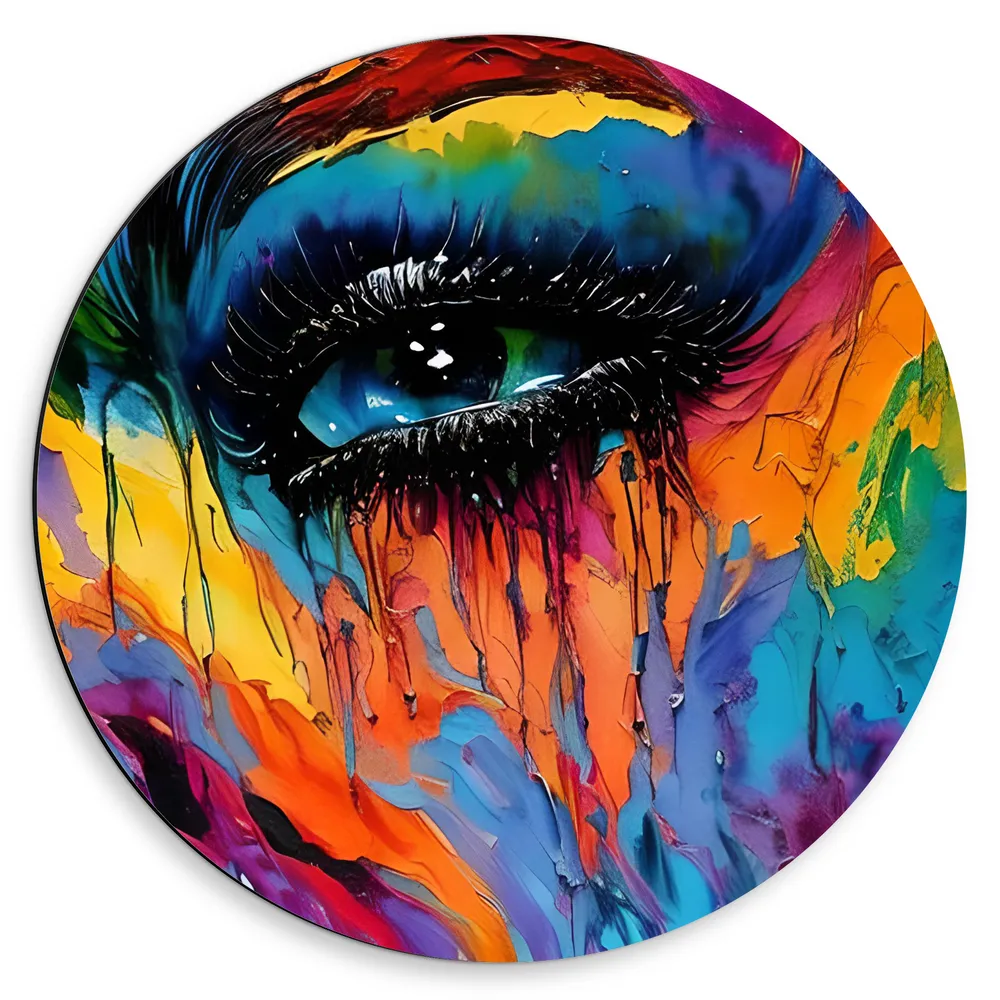 Dibond Muurcirkel - Acrylverf Schilderij van Deel van Regenboogkleurig Gezicht