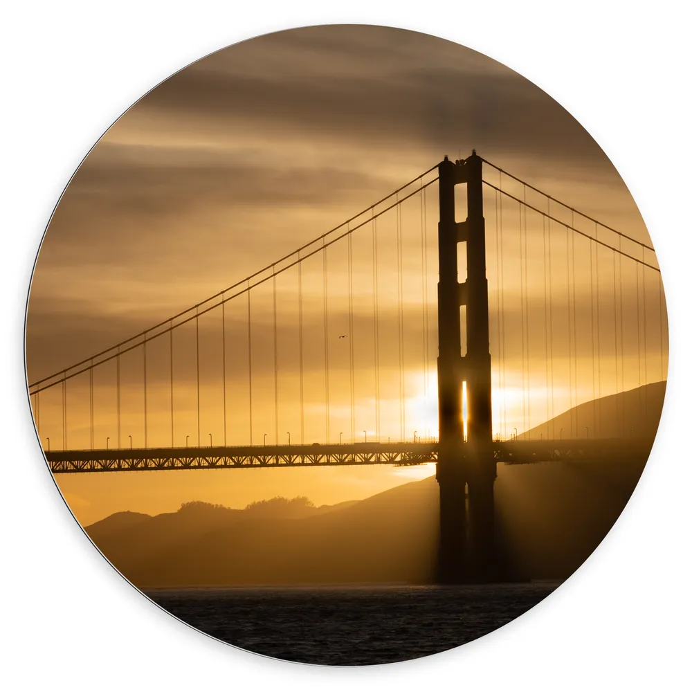 Dibond Muurcirkel - Zonsondergang achter Hangbrug Golden Gate Bridge