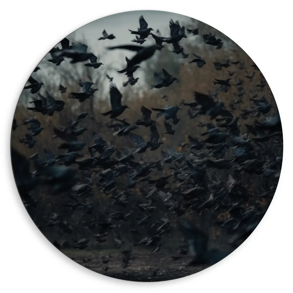 Dibond Muurcirkel - Vogels - Kraaien - Groep - Dieren - Vliegen