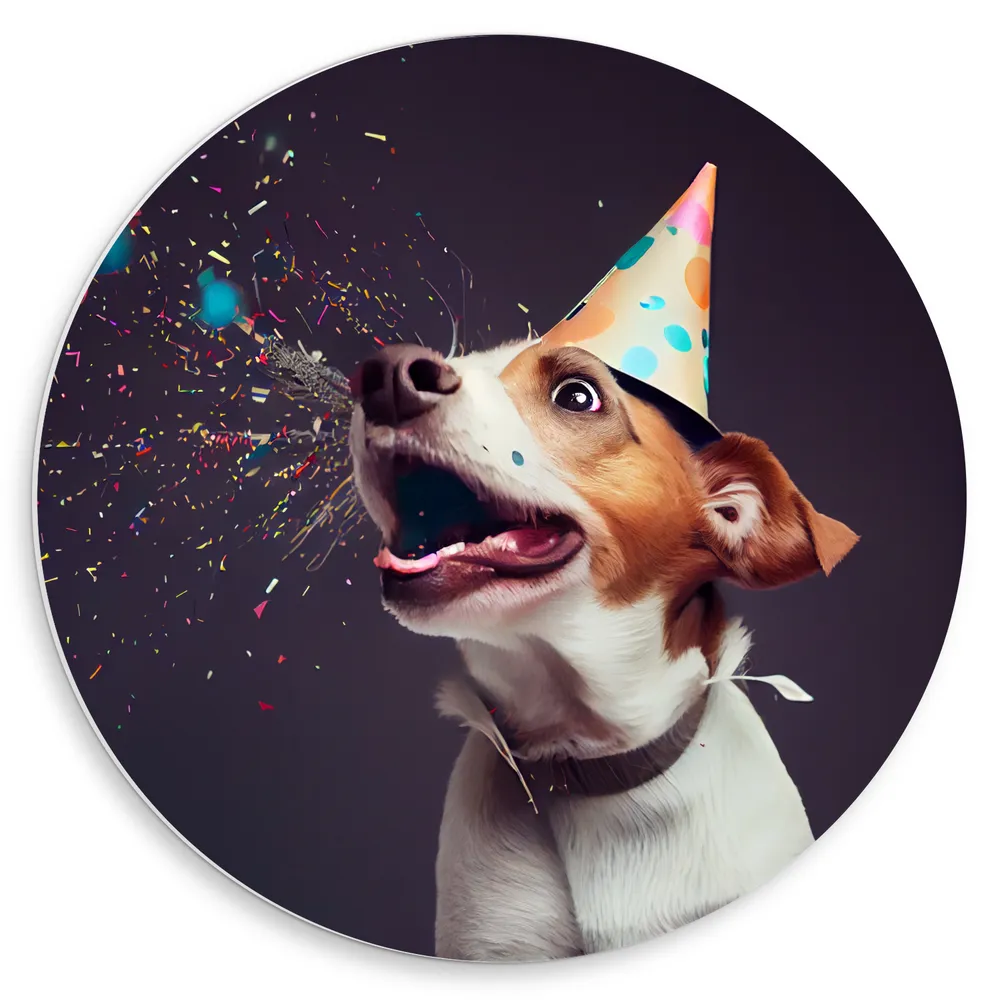 Dibond Muurcirkel - Jarige Hond met Feesthoed en Confetti