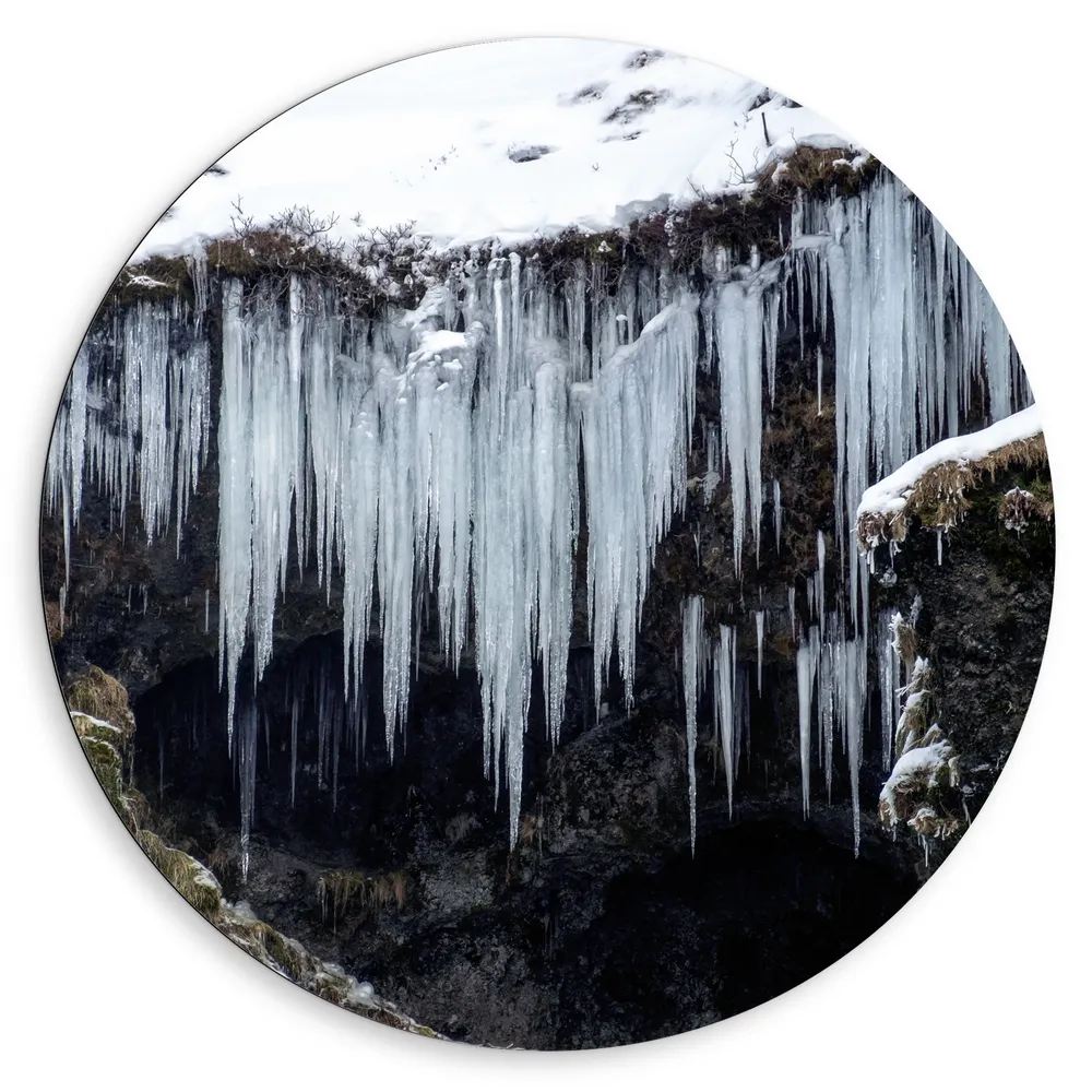 Dibond Muurcirkel - Ijspegels - Sneeuw - Winter - Ijs