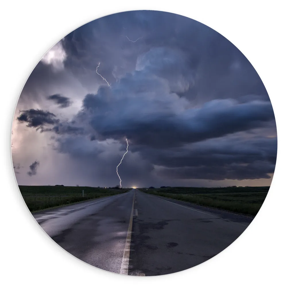 Dibond Muurcirkel - Weg - Landschap - Storm - Bliksem - Kleuren