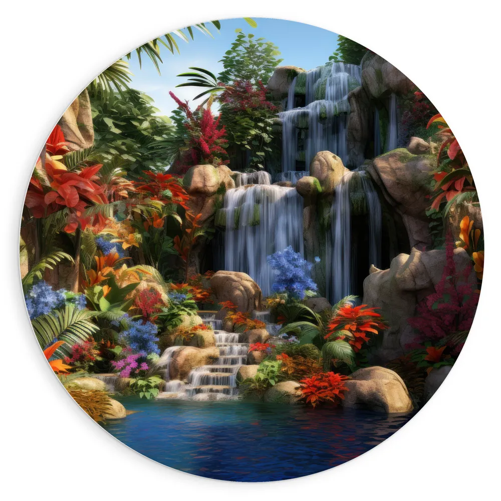 Dibond Muurcirkel - Waterval - Bloemen- Kleuren - Planten