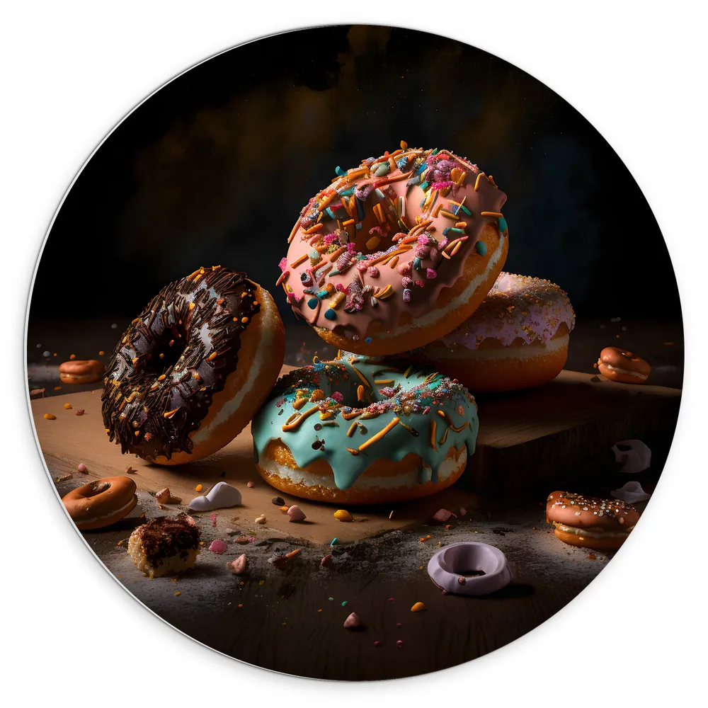 Dibond Muurcirkel - Viertal Verschillende Smaken Donut op Houten Plateau