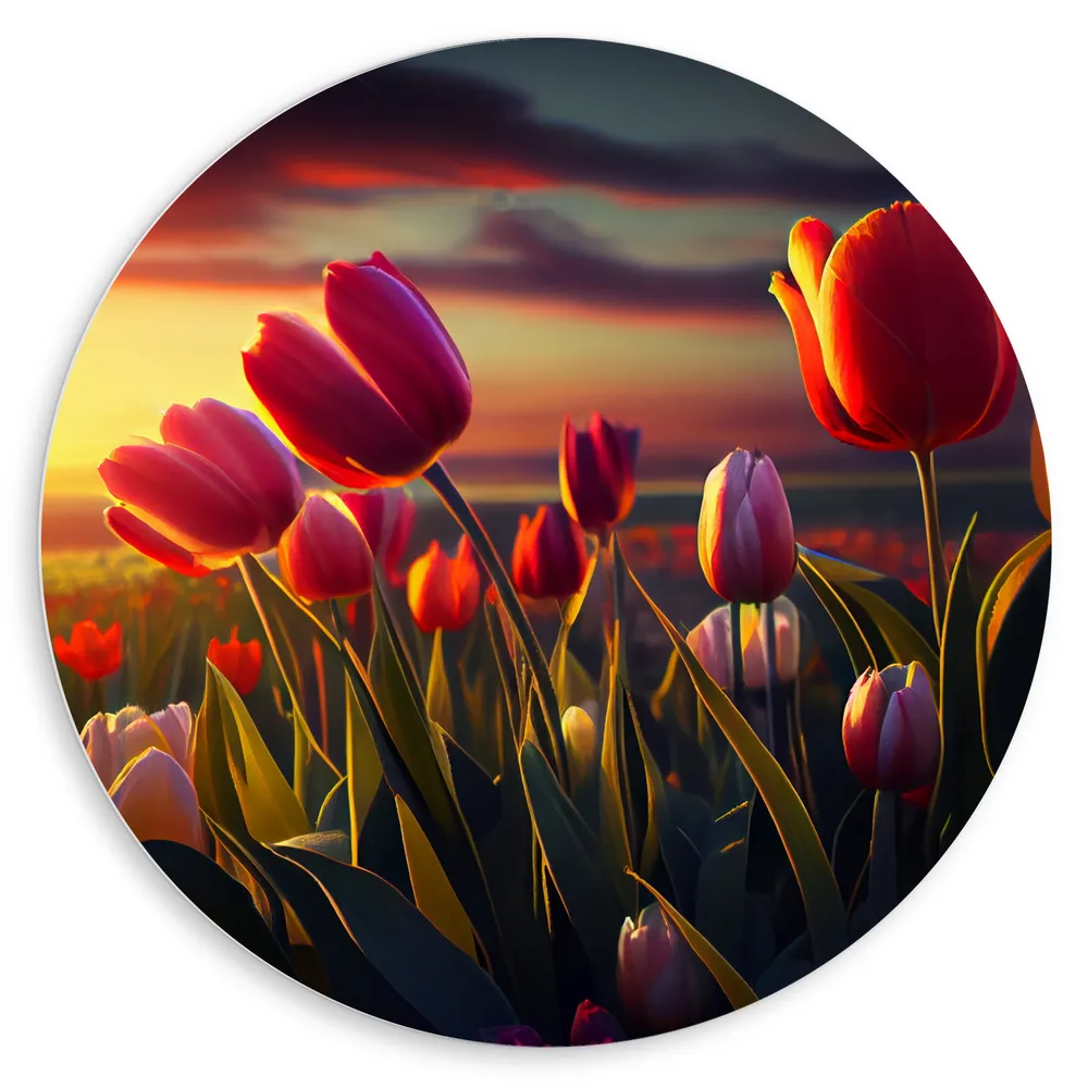 Dibond Muurcirkel - Kleurrijke Tulpen in Bloemenveld
