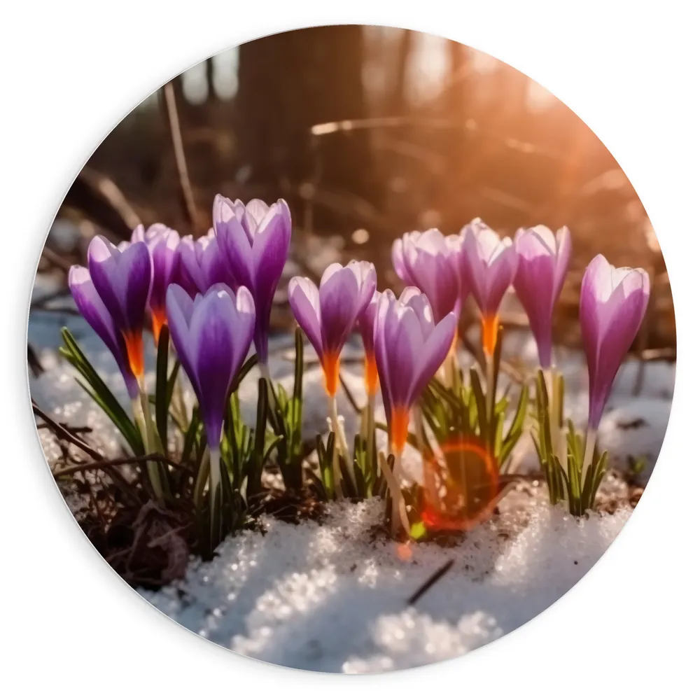 Dibond Muurcirkel - Wit met Paarse Crocus Bloemen in Besneeuwd Bos met Zonnestralen