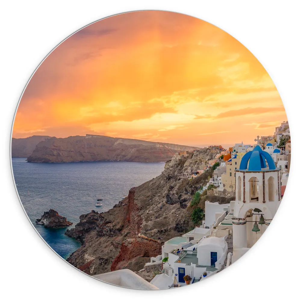 Dibond Muurcirkel - Zonsondergang op het Griekse eiland Santorini