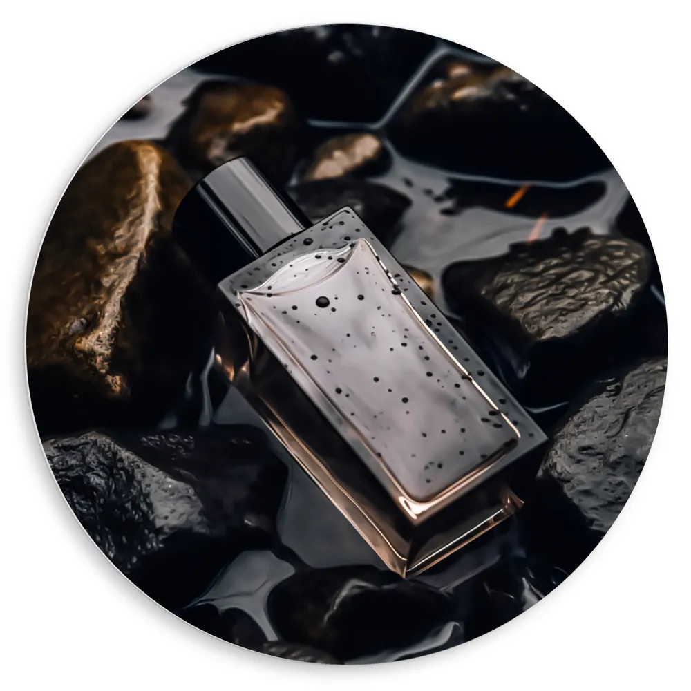 Dibond Muurcirkel - Parfum - Stenen - Flesje - Nat
