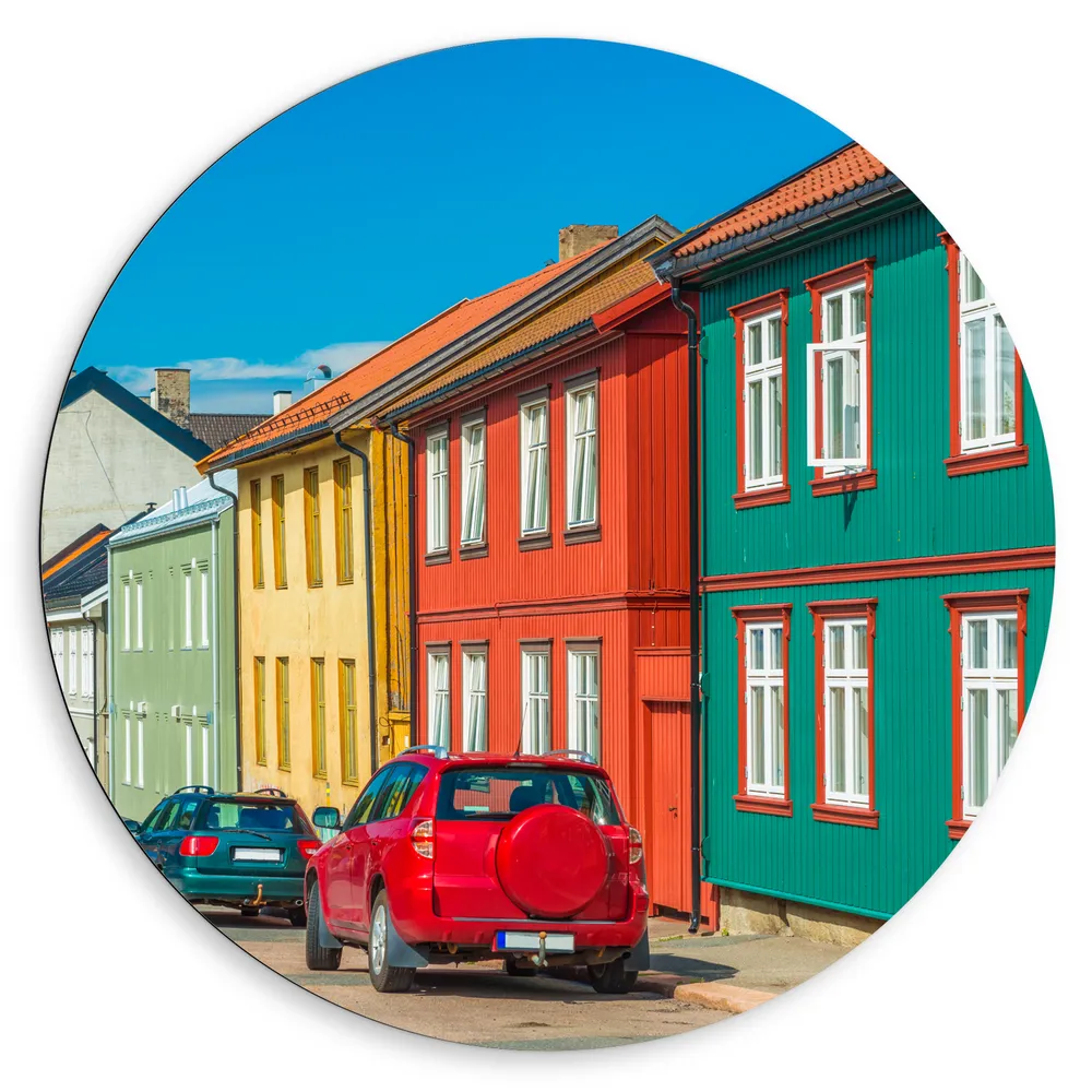 Dibond Muurcirkel - Gekleurde Houten Huisjes in Straatje in Oslo, Noorwegen