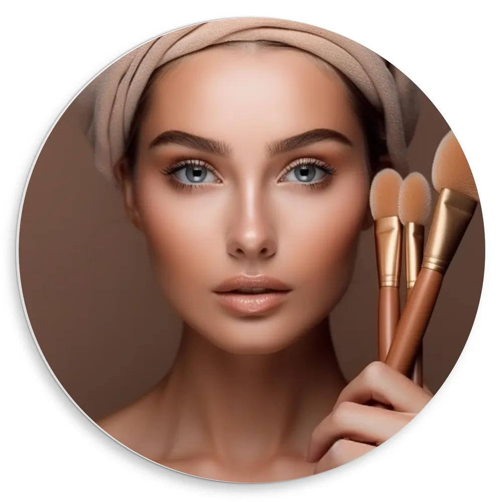 Dibond Muurcirkel - Vrouw - Kwasten - Makeup - Gezicht