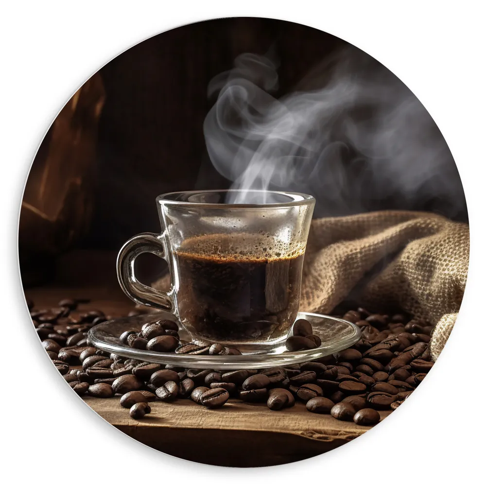 Dibond Muurcirkel - Koffie - Kopje - Koffiebonen - Zak - Rook