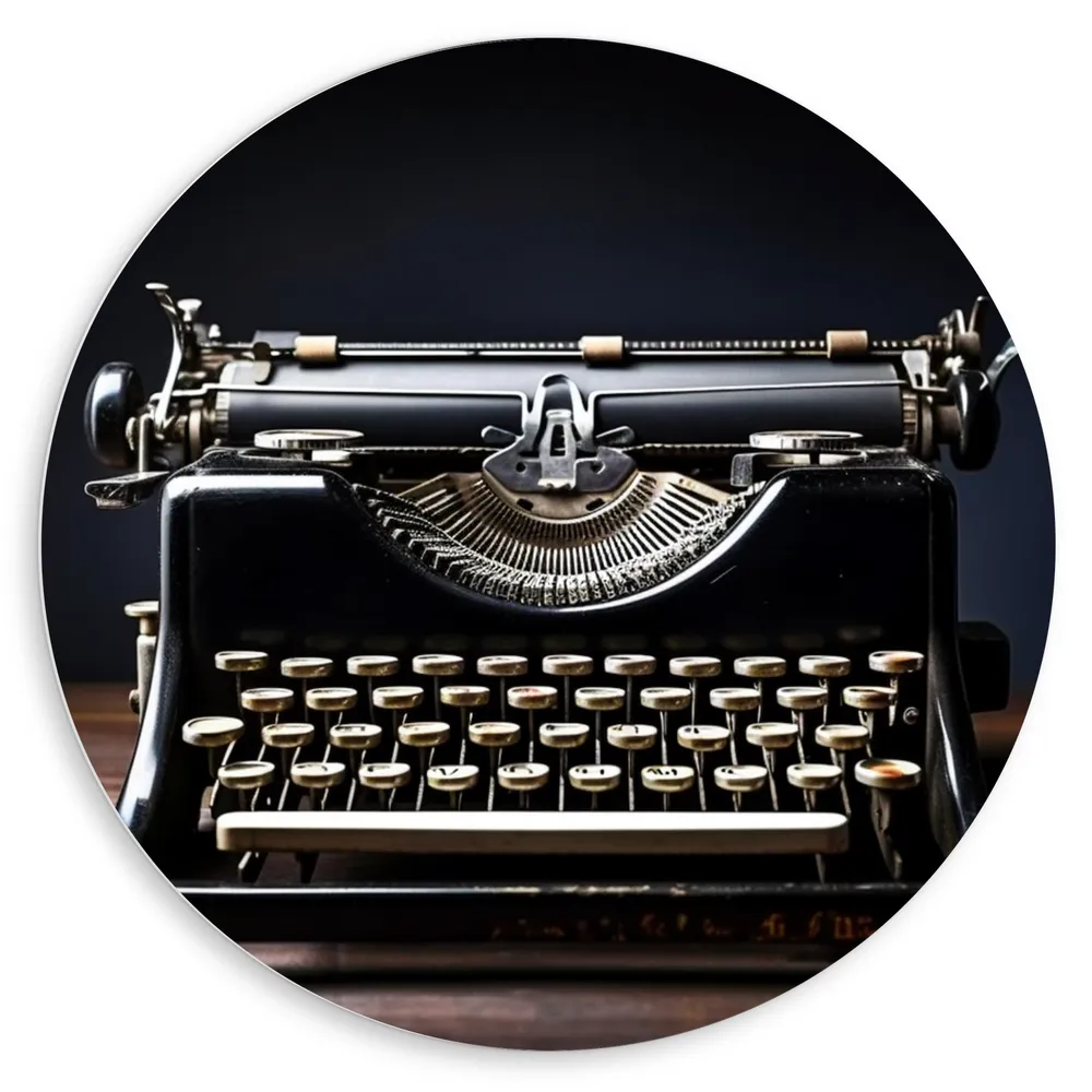 Dibond Muurcirkel - Foto van een Ouderwetse Vintage Zwarte Typemachine op Houten Tafel