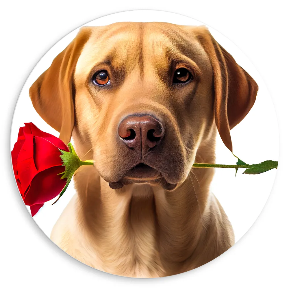 Dibond Muurcirkel - Romantische Golden Retriever Hond met Roos tegen Witte Achtegrond