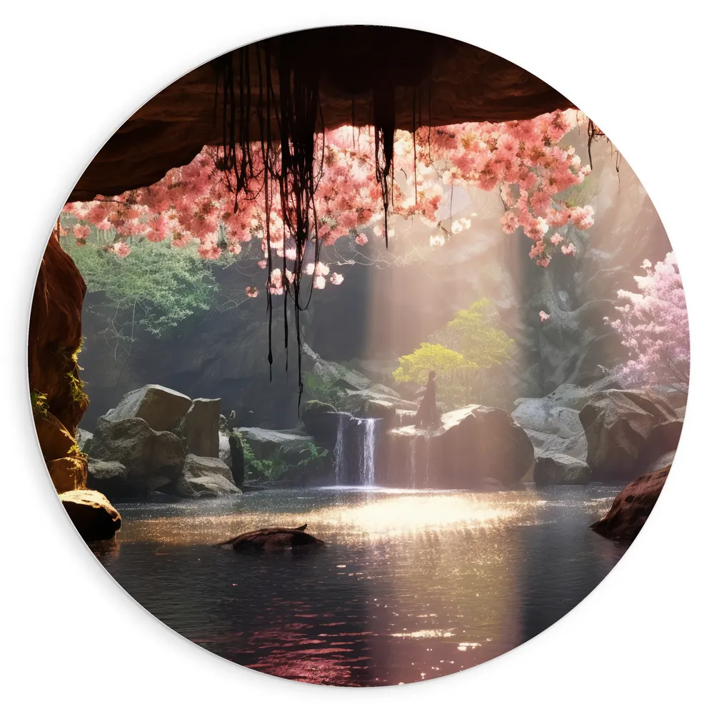 Dibond Muurcirkel - Water - Meet - Waterval - Bloemen - Grot - Stenen