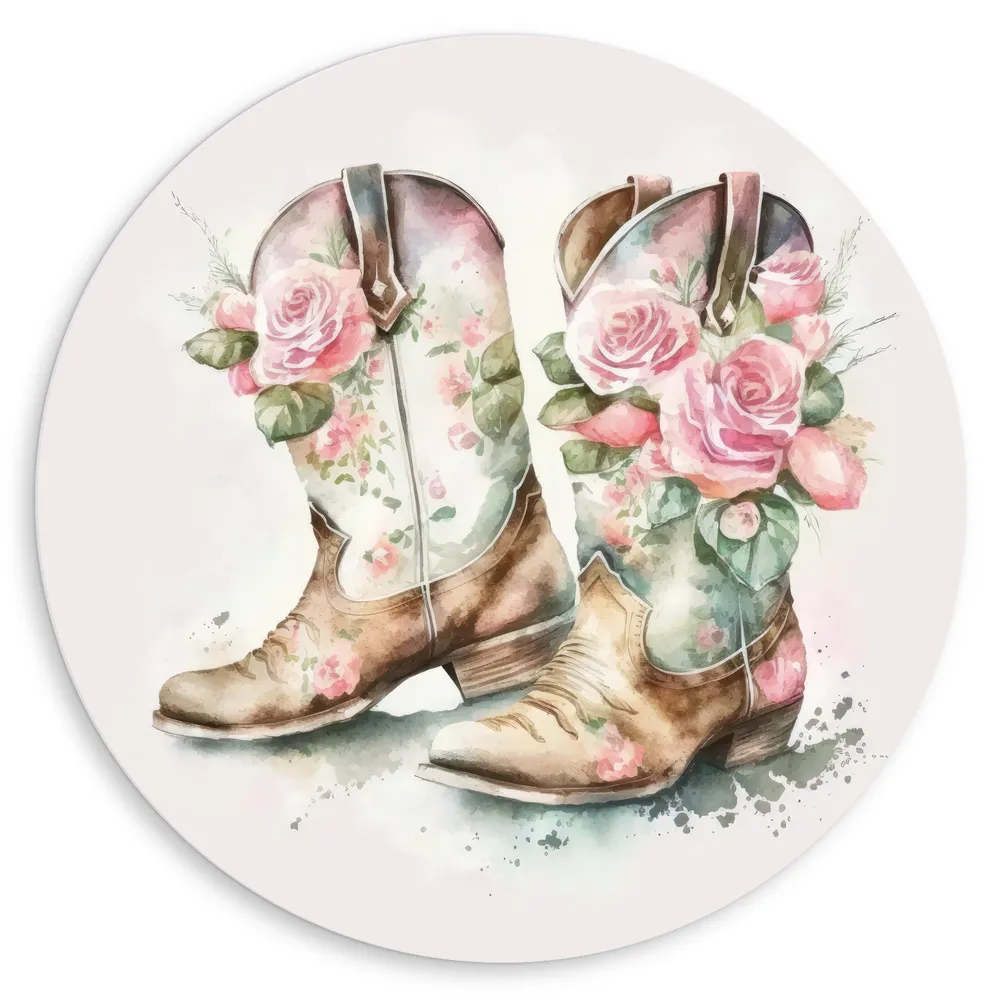 Dibond Muurcirkel - Acryl Tekening van Cowboy Boots Versierd met Bloemen