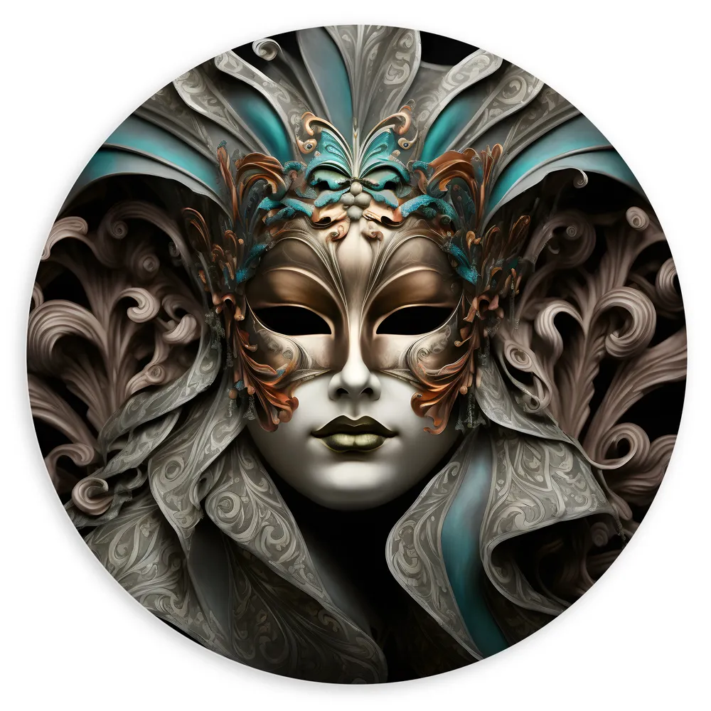 Dibond Muurcirkel - Wit Venetiaanse carnavals Masker met Blauwe en Gouden Details tegen Zwarte Achtergrond
