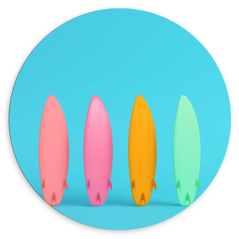 Dibond Muurcirkel - Koraal, Roze, Gele en Groene Surfplanken tegen Blauwe Achtergrond