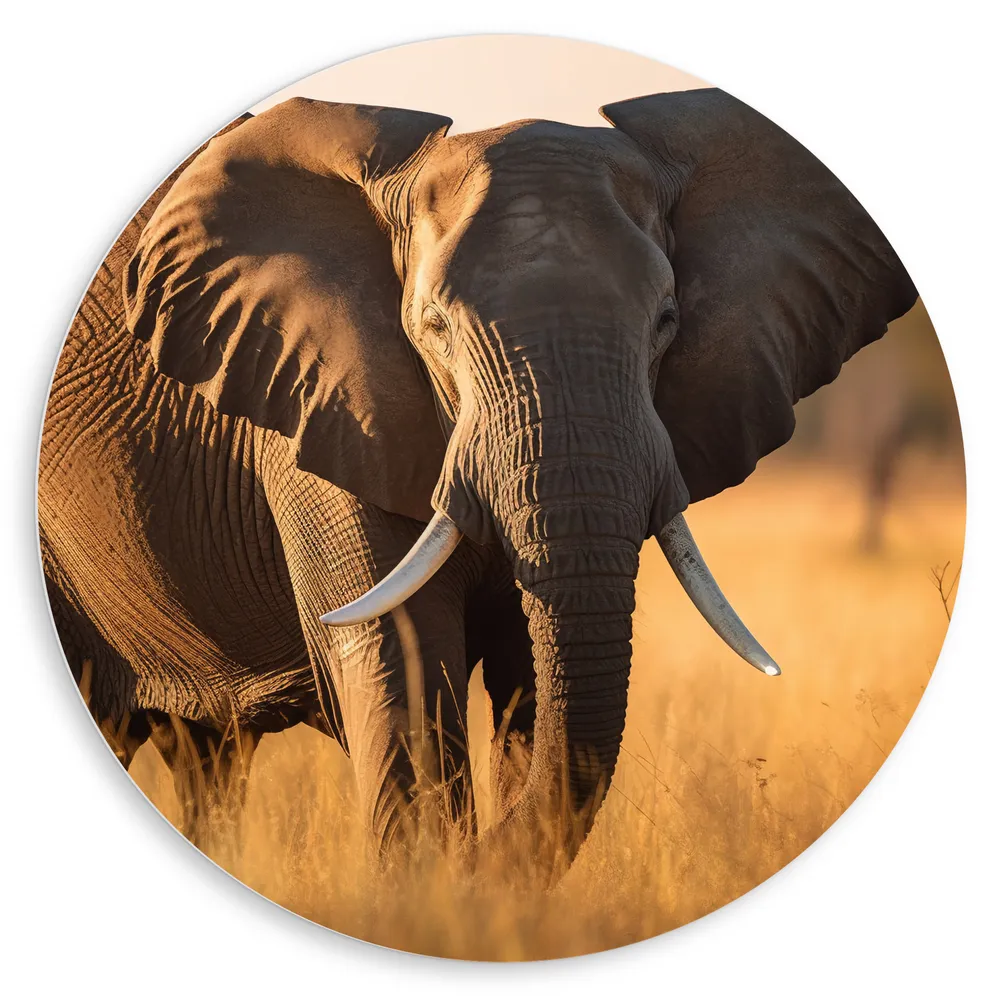 Dibond Muurcirkel - Olifant met Grote Slagtanden in Droog Landschap