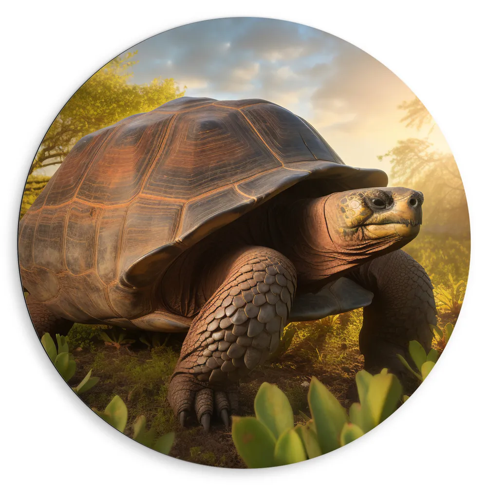 Dibond Muurcirkel - Dier - Schildpad - Bos - Bomen - Plantjes - Zon
