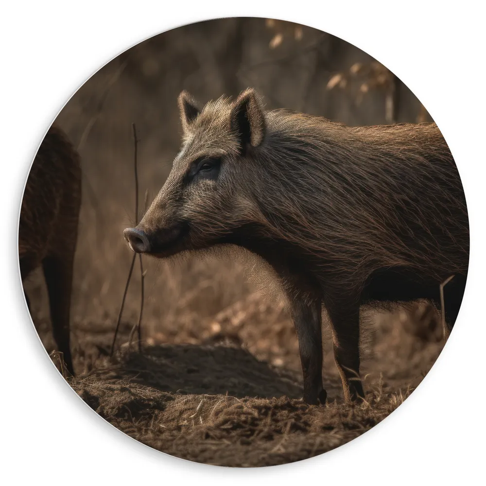 Dibond Muurcirkel - Bruine zwijnen in een bos omgeving