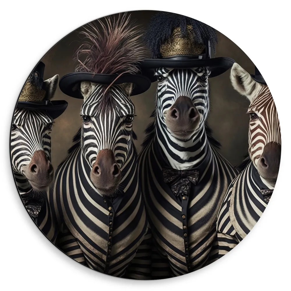 Dibond Muurcirkel - Groep Zebra's met Komische Hoeden