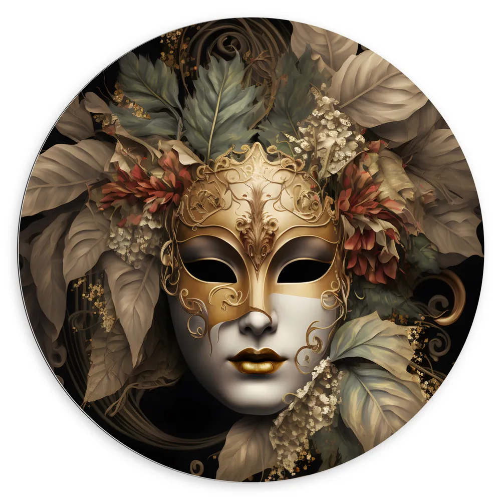 Dibond Muurcirkel - Venetiaanse carnavals Masker met Gouden en Beige Details tegen Zwarte Achtergrond