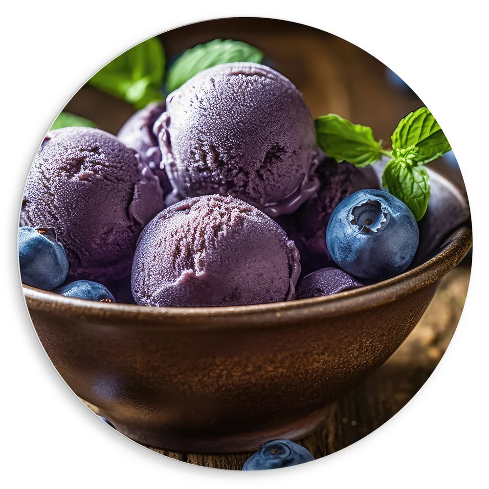 Dibond Muurcirkel - Ijs - Bolletjes - Bosbessen - Fruit - Blauw - Paars - Bakje - Tafel - Hout