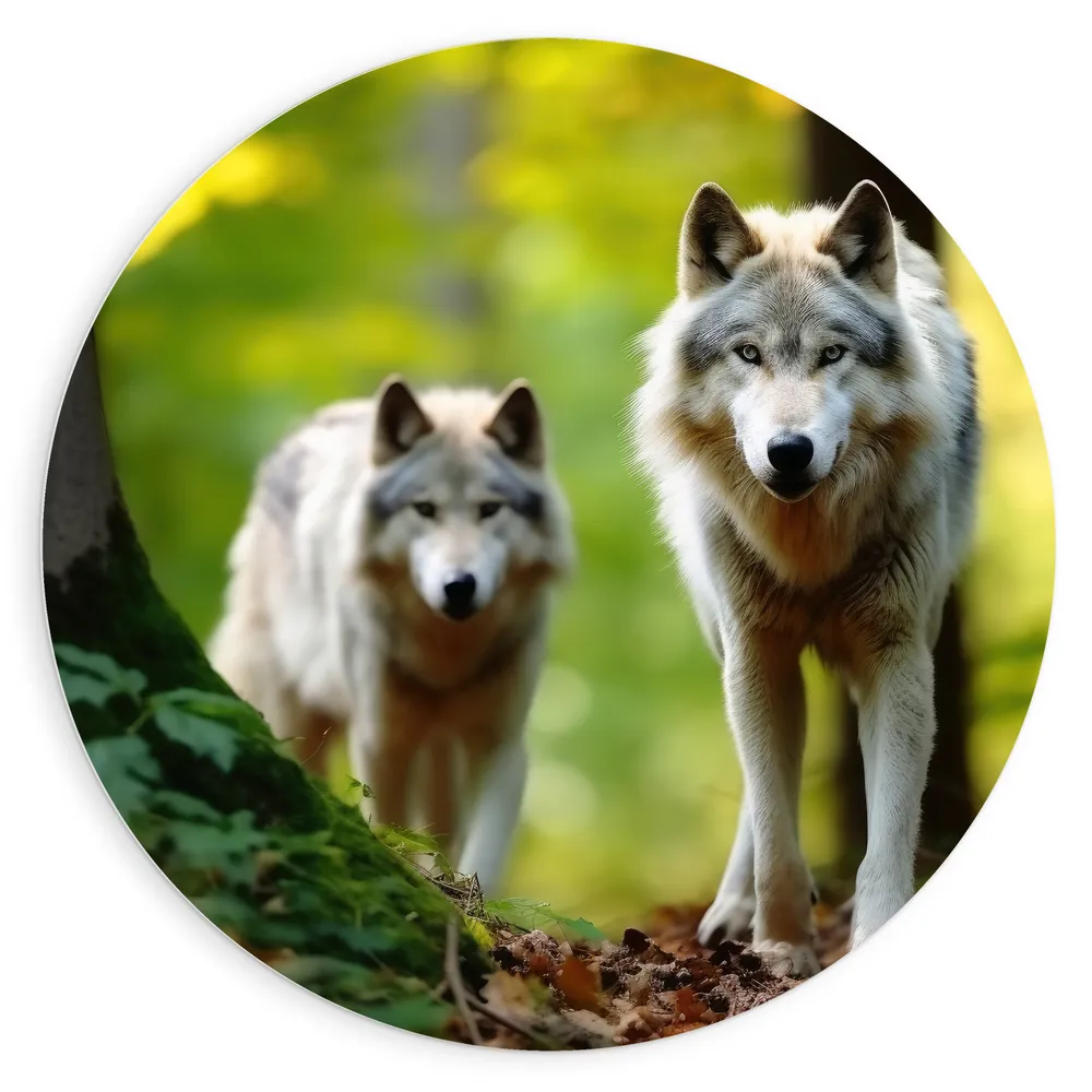 Dibond Muurcirkel - Wolven Sluipend door het Groene Bos