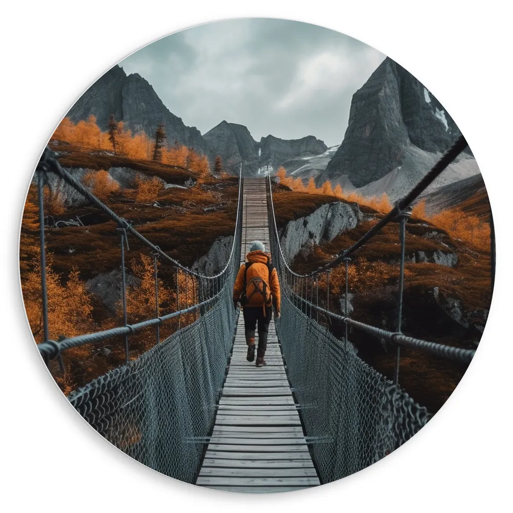 Dibond Muurcirkel - Bergen - Man - Brug - Backpacken - Bomen