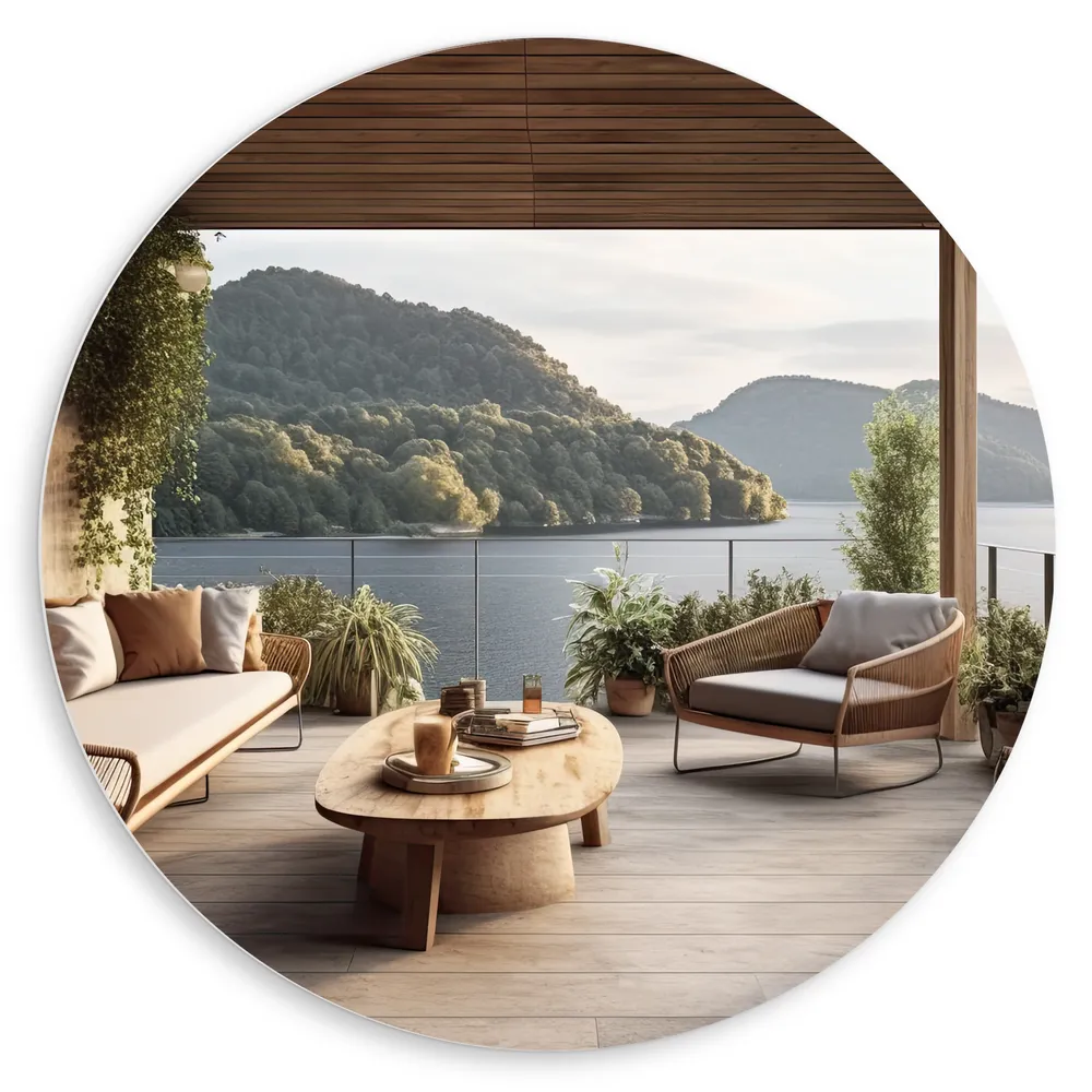 Dibond Muurcirkel - Huis - Tuin - Terras - Lounge - Planten - Hout
