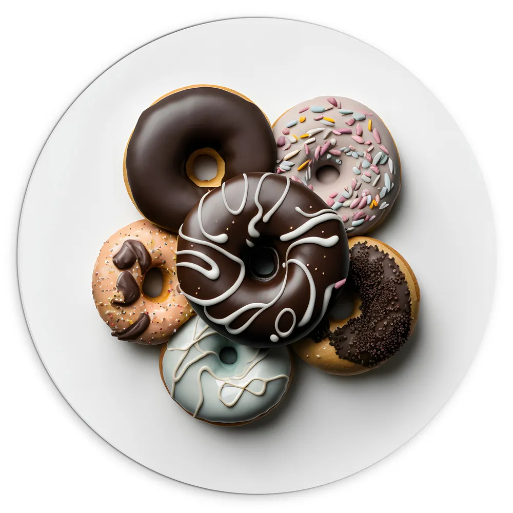 Dibond Muurcirkel - Stapel Verschillende Smaken Donuts tegen Lichtgekleurde Achtergrond