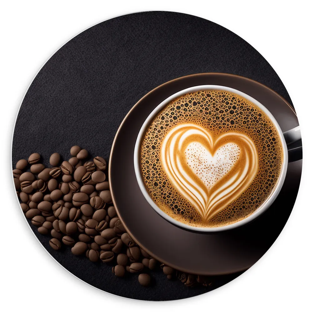 Dibond Muurcirkel - Hartvormige Latte Art op Bedje van Koffiebonen