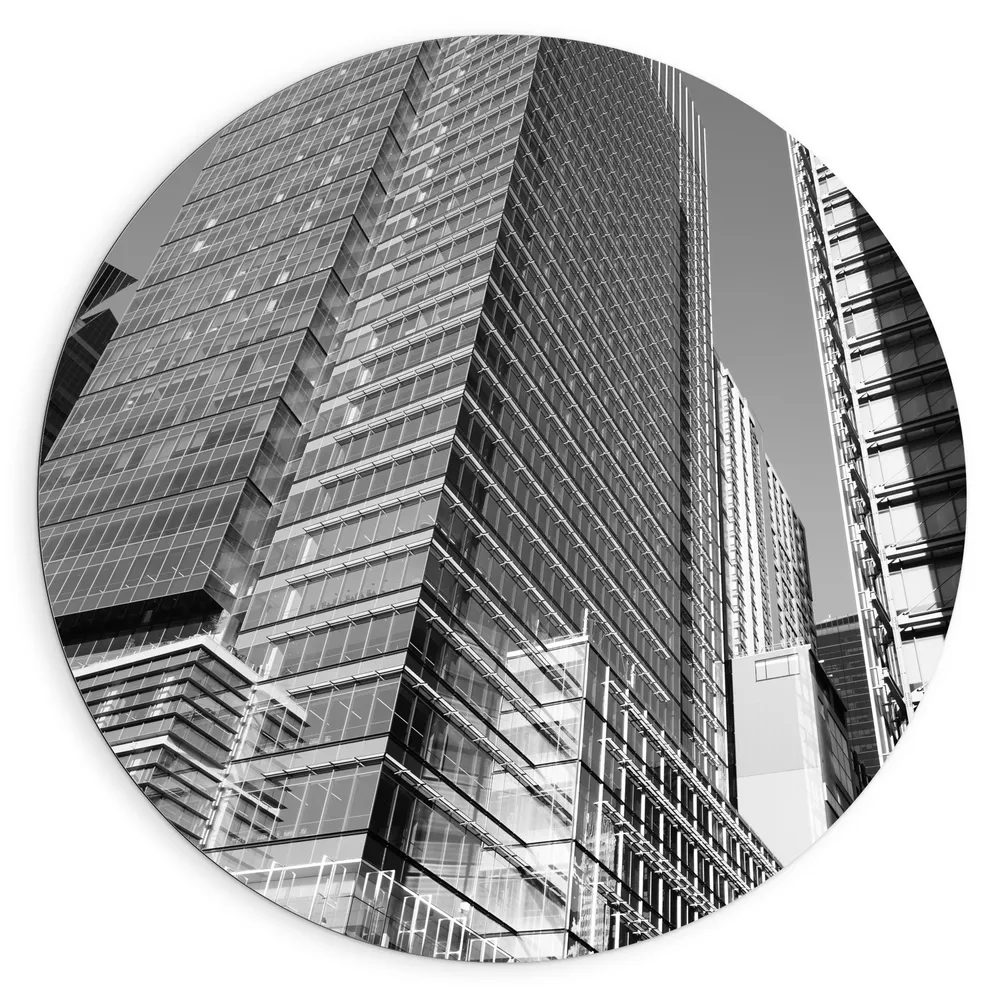 Dibond Muurcirkel - Gebouw - Stad - Zwart - Wit