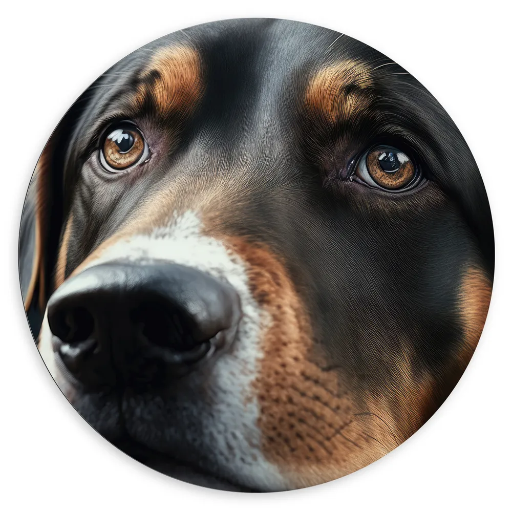 Dibond Muurcirkel - Close-up van Kop van Bruin met Zwarte Hond