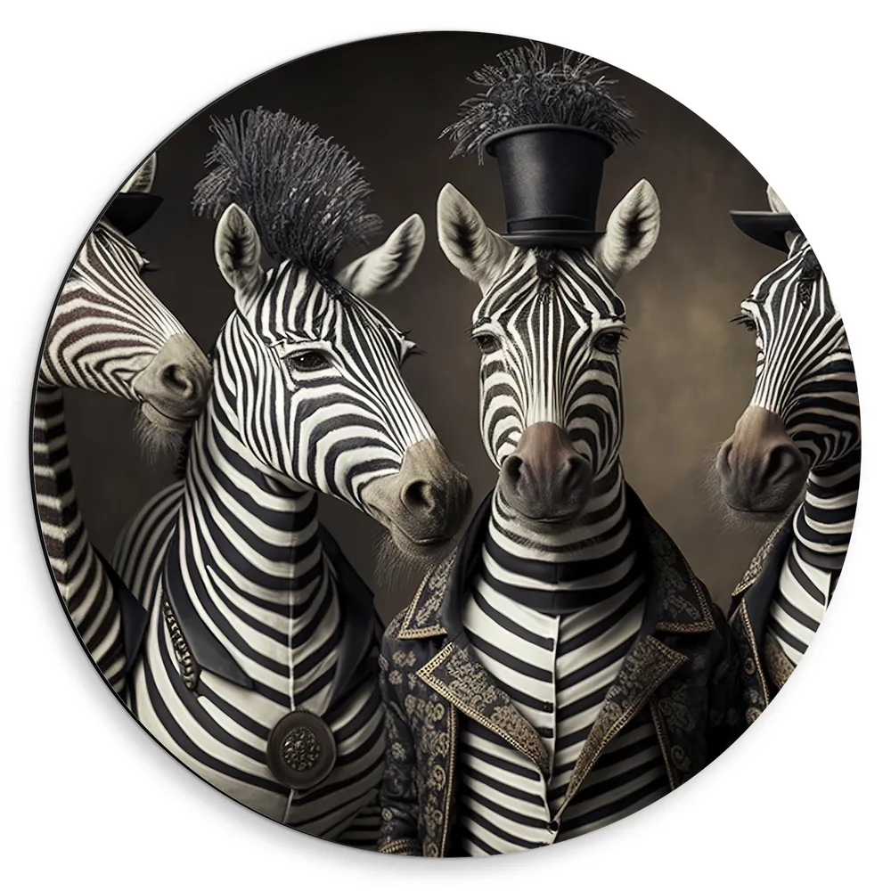 Dibond Muurcirkel - Familie Zebra's met Verschillende Hoeden