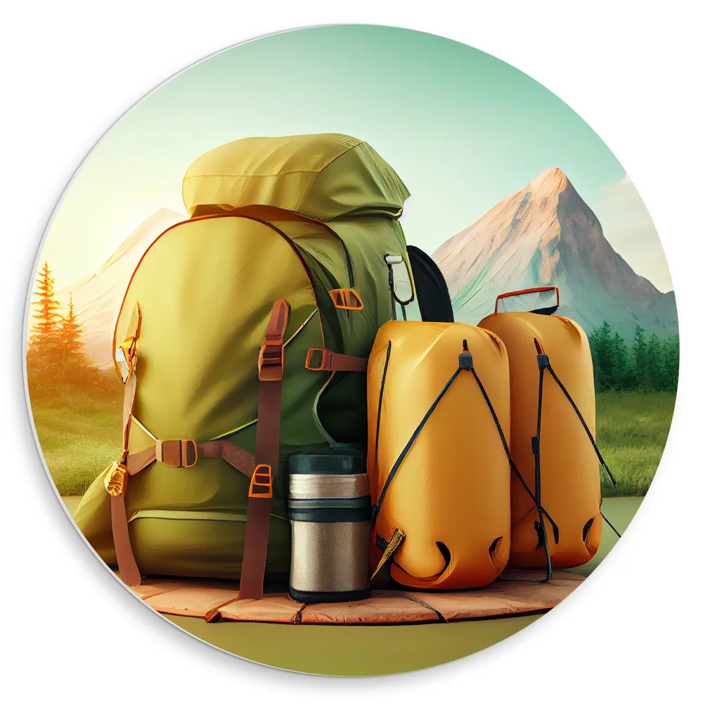 Dibond Muurcirkel - Backpack met Kampeerspullen