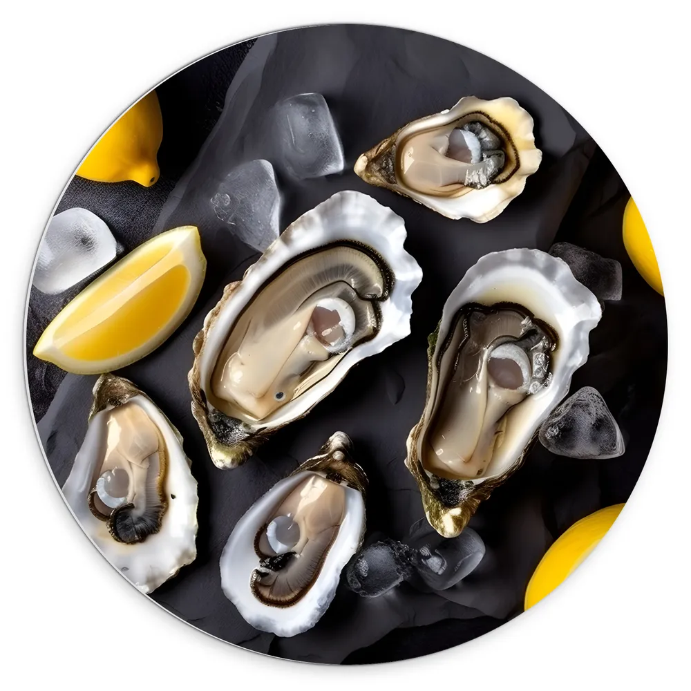Dibond Muurcirkel - Verse Oesters met Citroenen op Plateau