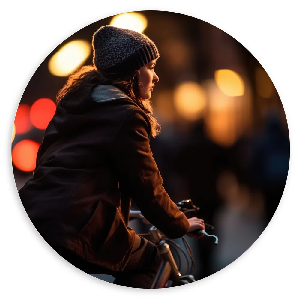 Dibond Muurcirkel - Meisje - Fietsen - Muts - Winter - Avond
