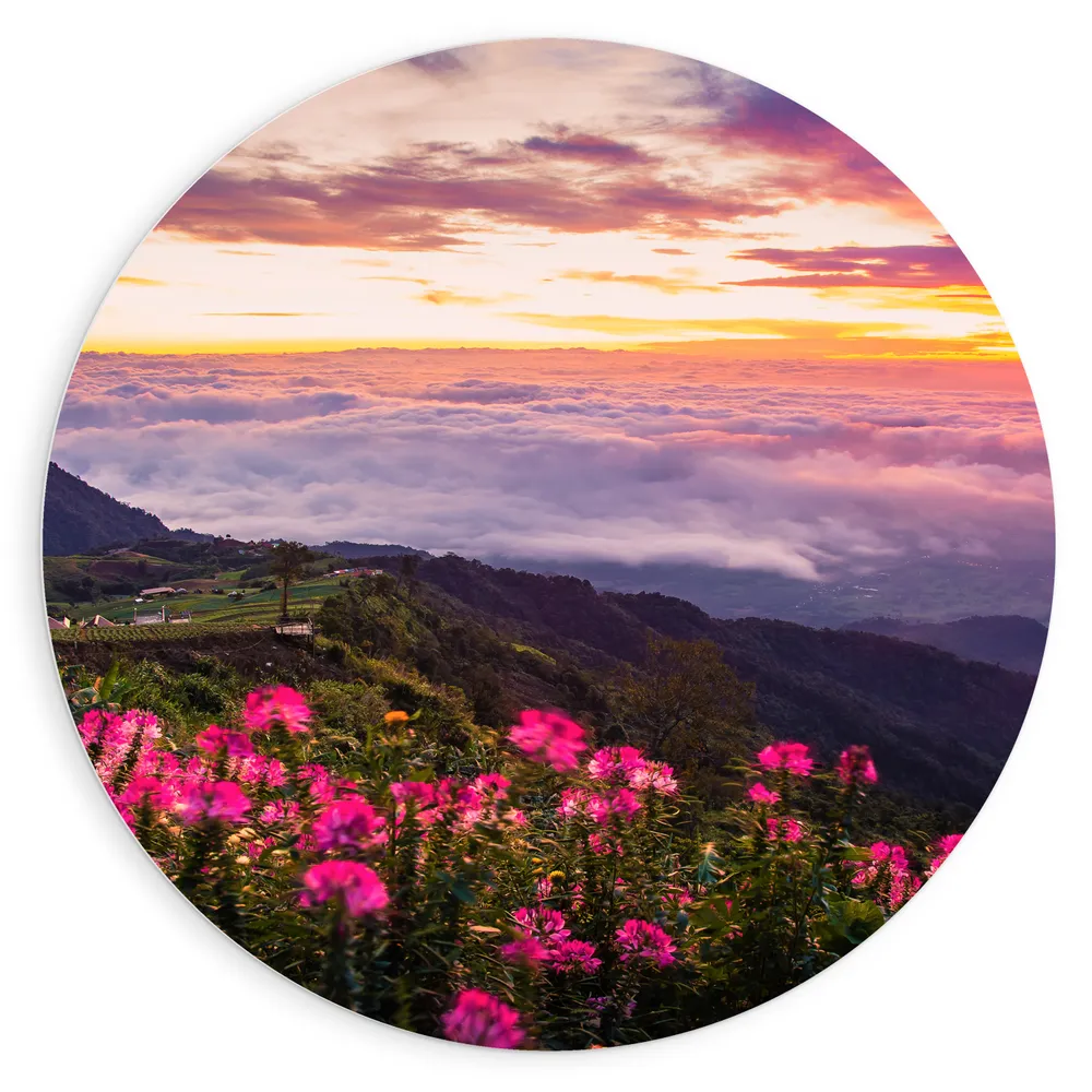 Dibond Muurcirkel - Bergen - Bloemen - Uitzicht - Wolken - Zonsondergang - Kleuren