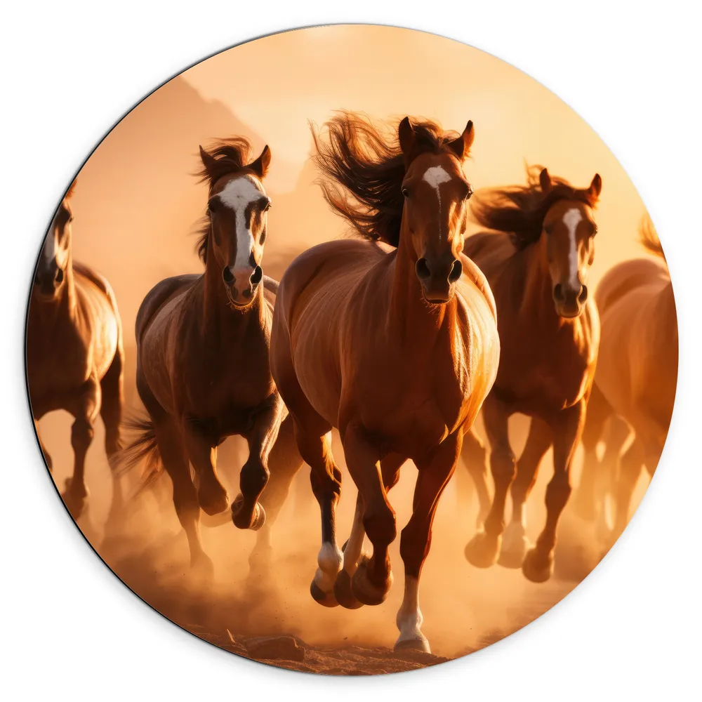 Dibond Muurcirkel - Dieren - Paarden - Rennen - Bruin