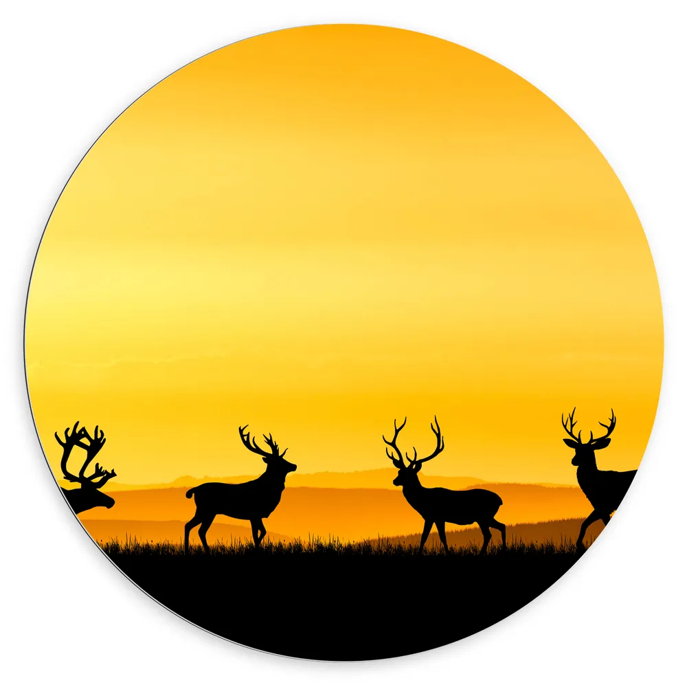 Dibond Muurcirkel - Silhouet van Herten in het Grasveld in Heuvellandschap