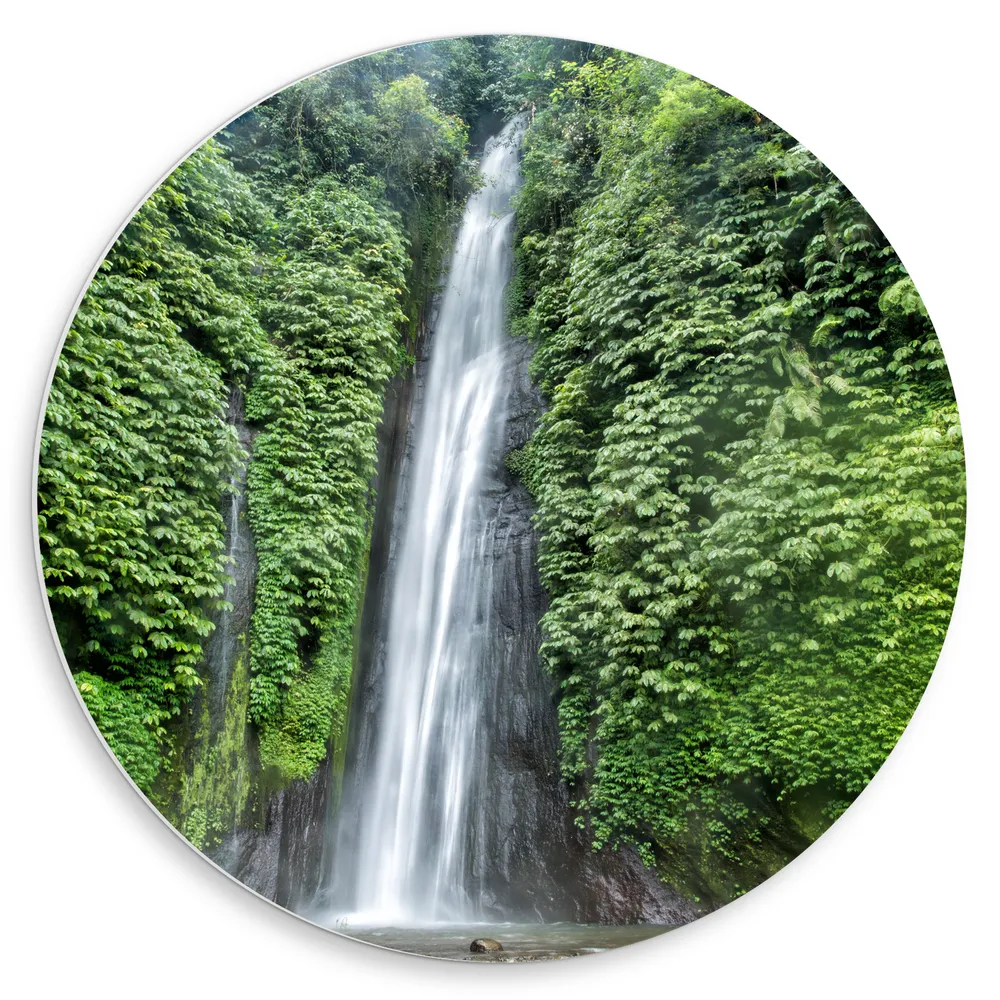 Dibond Muurcirkel - Waterval tussen de PLanten in het Bos op Bali