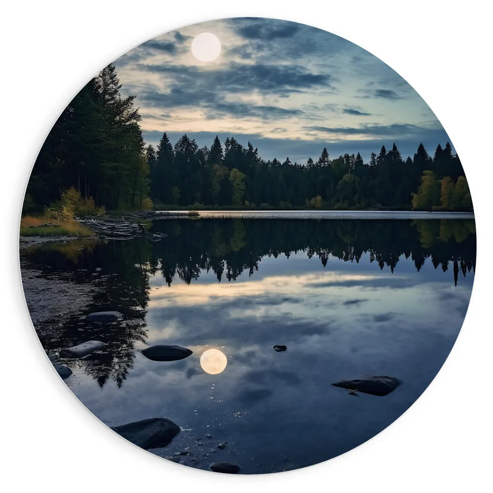 Dibond Muurcirkel - Maan - Bomen - Bos - Meer