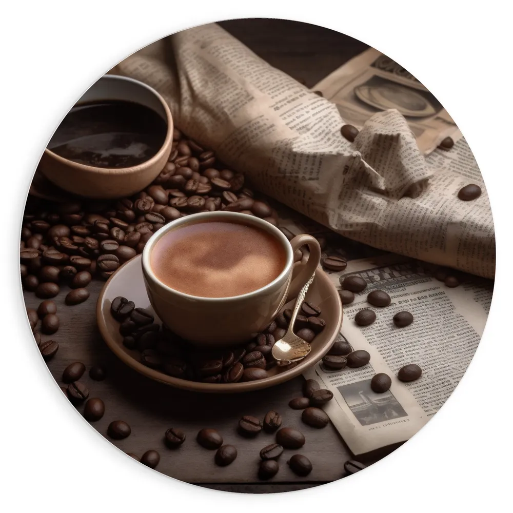 Dibond Muurcirkel - Koffie - Krant - Koffiebonen - Lepel - Kopje